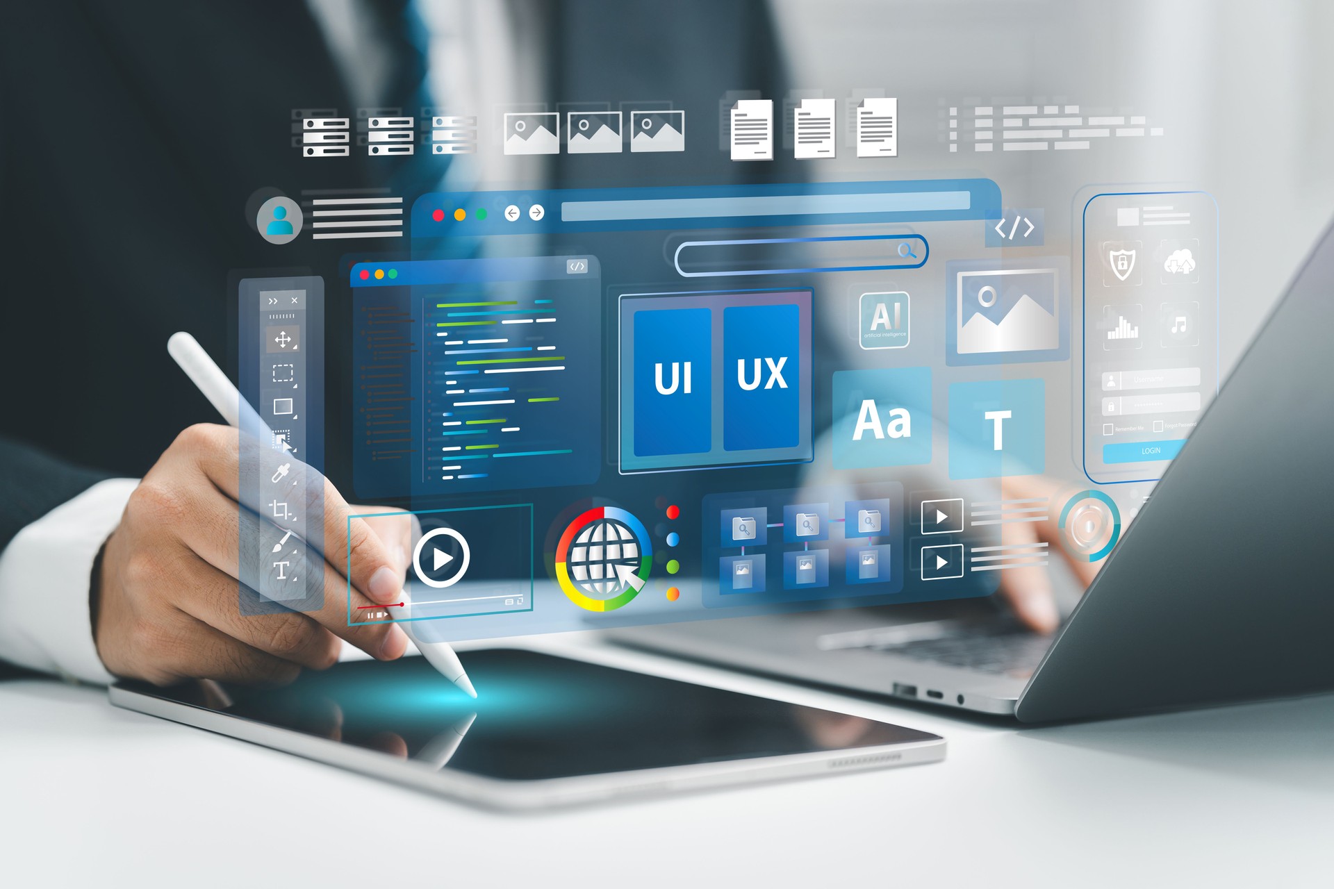 Web UI-UX design, web development concept. A web developer works on a website, surrounded by holographic displays of code, icons, and data visualizations. Web design, application design, coding.